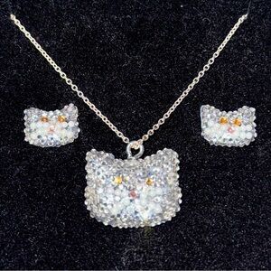 custom cat resin rhinestone necklace and earrings